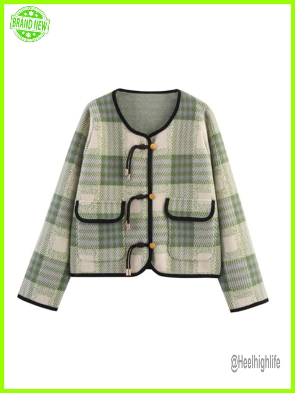 Vintage Button Down Plaid Knit Cardigan Sweater with Pockets